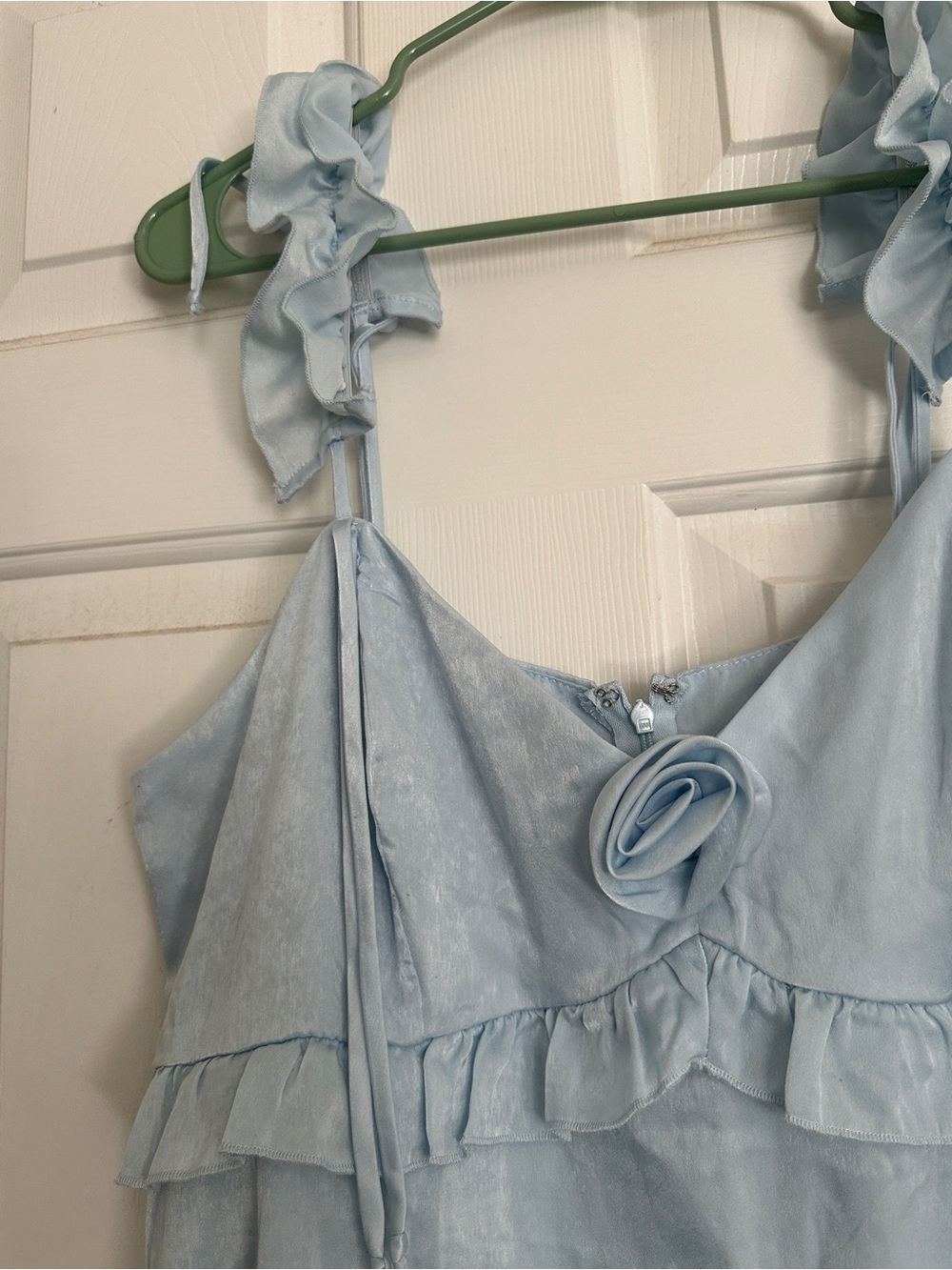 Light Blue Ruffle Strap Dress with Rose Accent